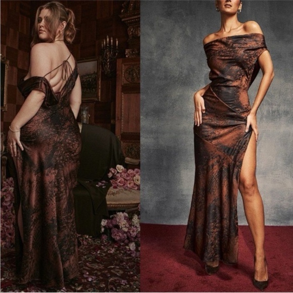 House of CB Brown and Black Backless Off-Shoulder Satin Gown
